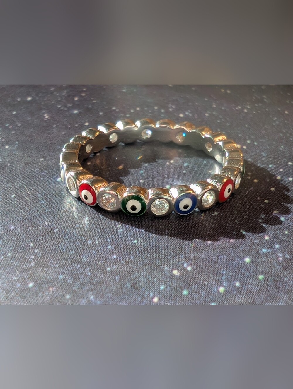 Silver Multi-Color Evil Eye CZ Stackable Ring